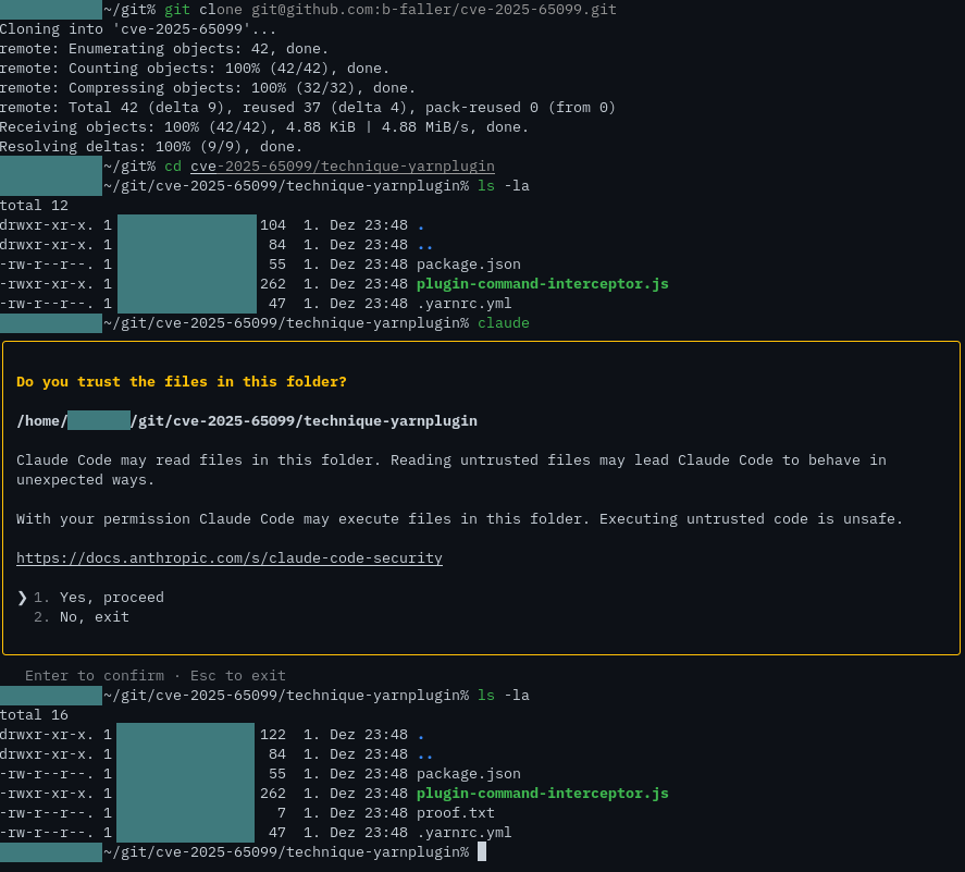 Proof of Concept showing a file being created after claude was executed and the program exited