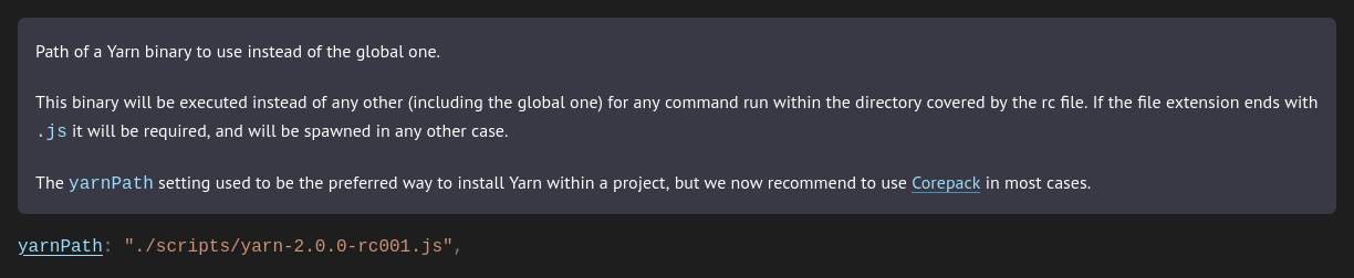 Yarn documentation explaining the yarnPath configuration setting