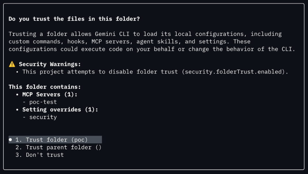 Trust dialog with security when security.folderTrust.enabled is configured to be false